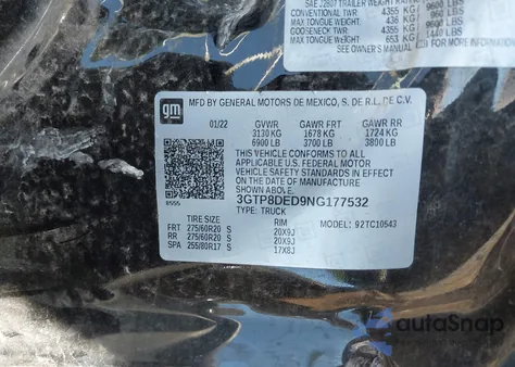 2022 GMC Sierra 1500 Limited 2Wd Short Box Slt из США, поврежденный, VIN 3GTP8DED9NG177532